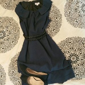 Navy blue tweed dress with Peter Pan collar